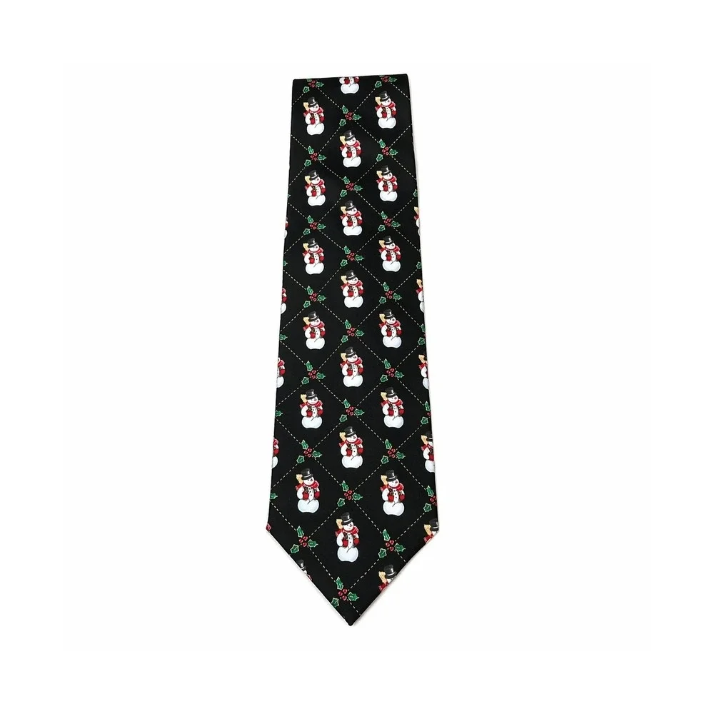 Holiday Traditions Hallmark Mens Silk‎ Tie Black Snowman Christmas Holly MMG